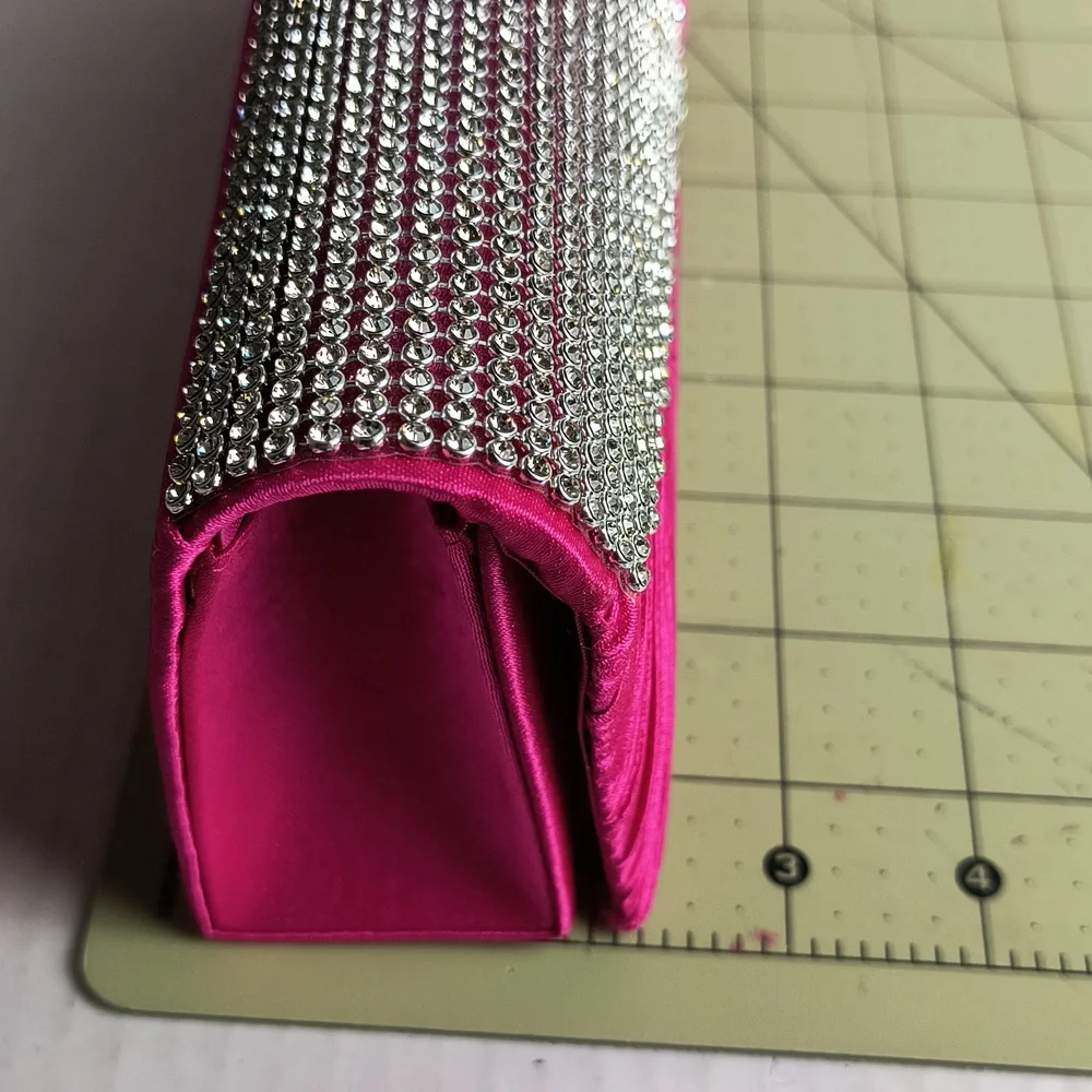 Satin Clutch Bag Faux Rhinestone Plaited Hot Pink Metal Strap Cocktail Party